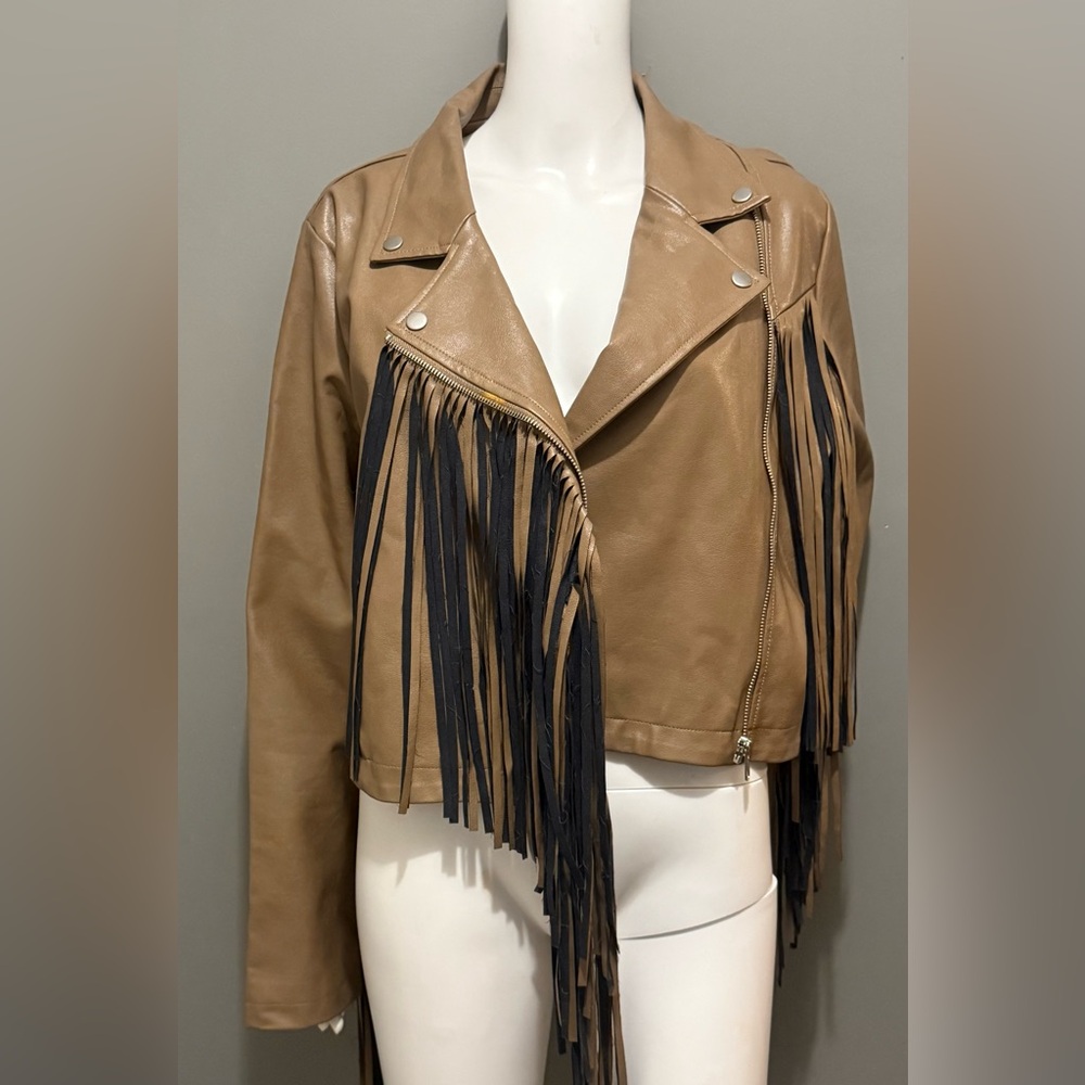 Le Lis Faux Leather Moto Jacket  with Fringe Size L